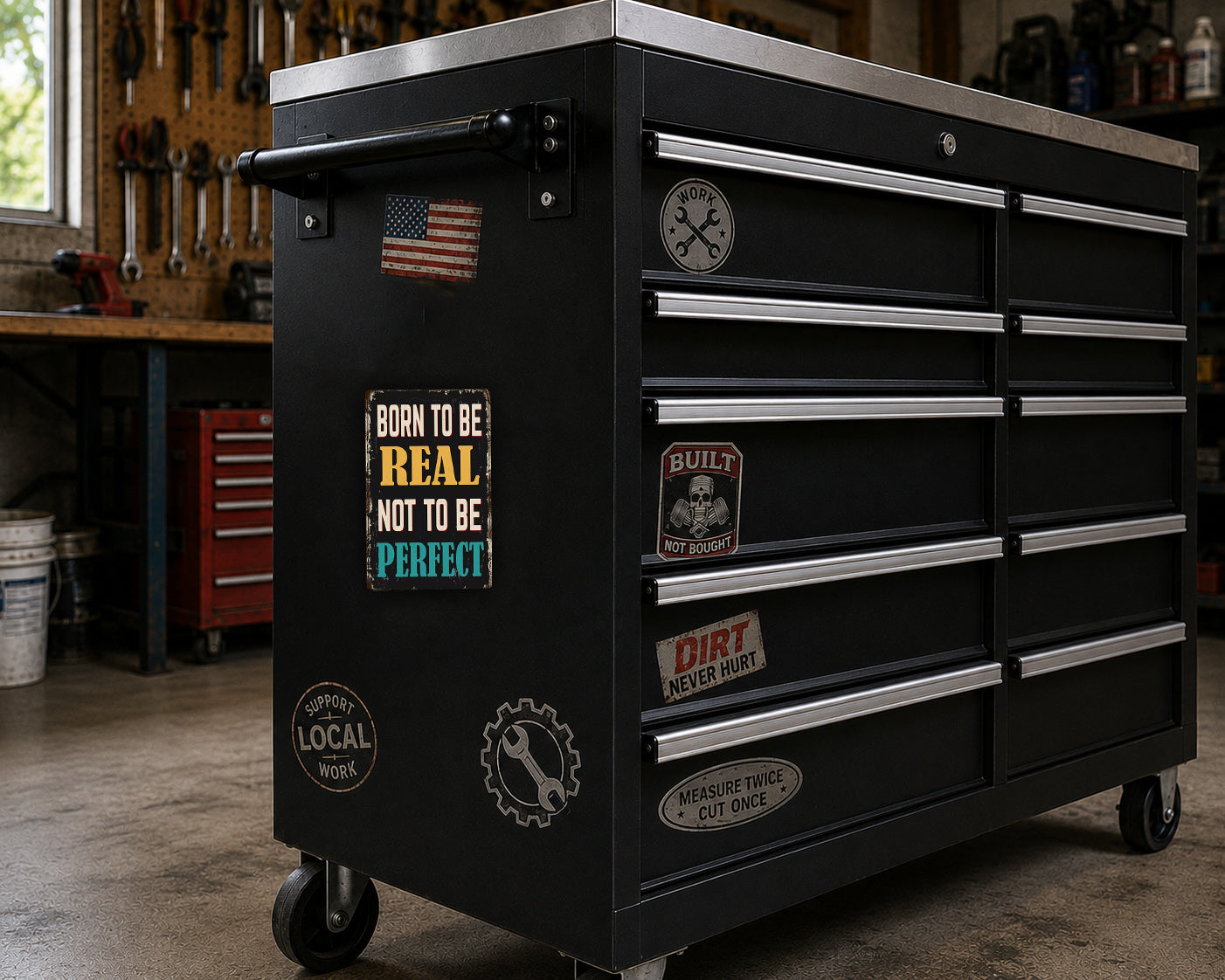 A black workbench with various stickers and labels on it, located in a workshop setting.