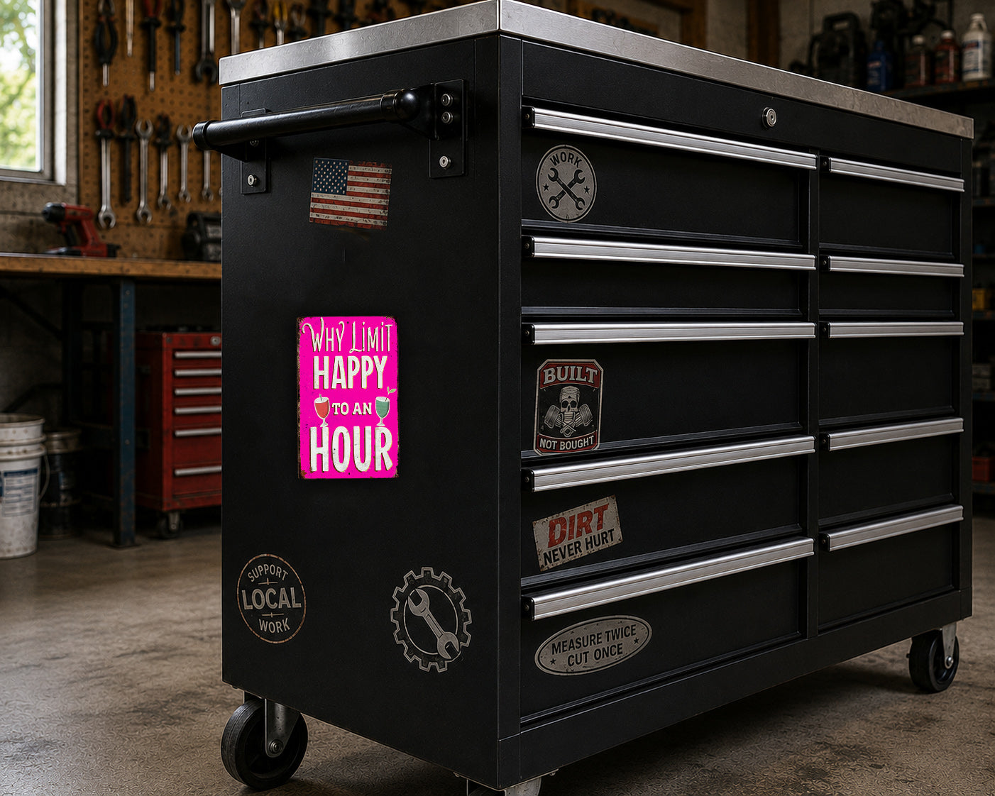 A black workbench with various stickers and magnets on it, including a pink sticker that says "Why limit happy to an hour".