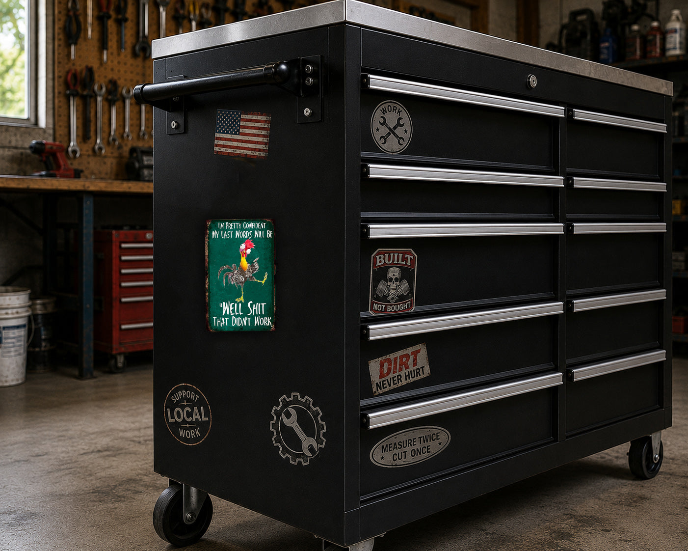 A black tool chest with various stickers and labels on it, placed in a workshop setting.