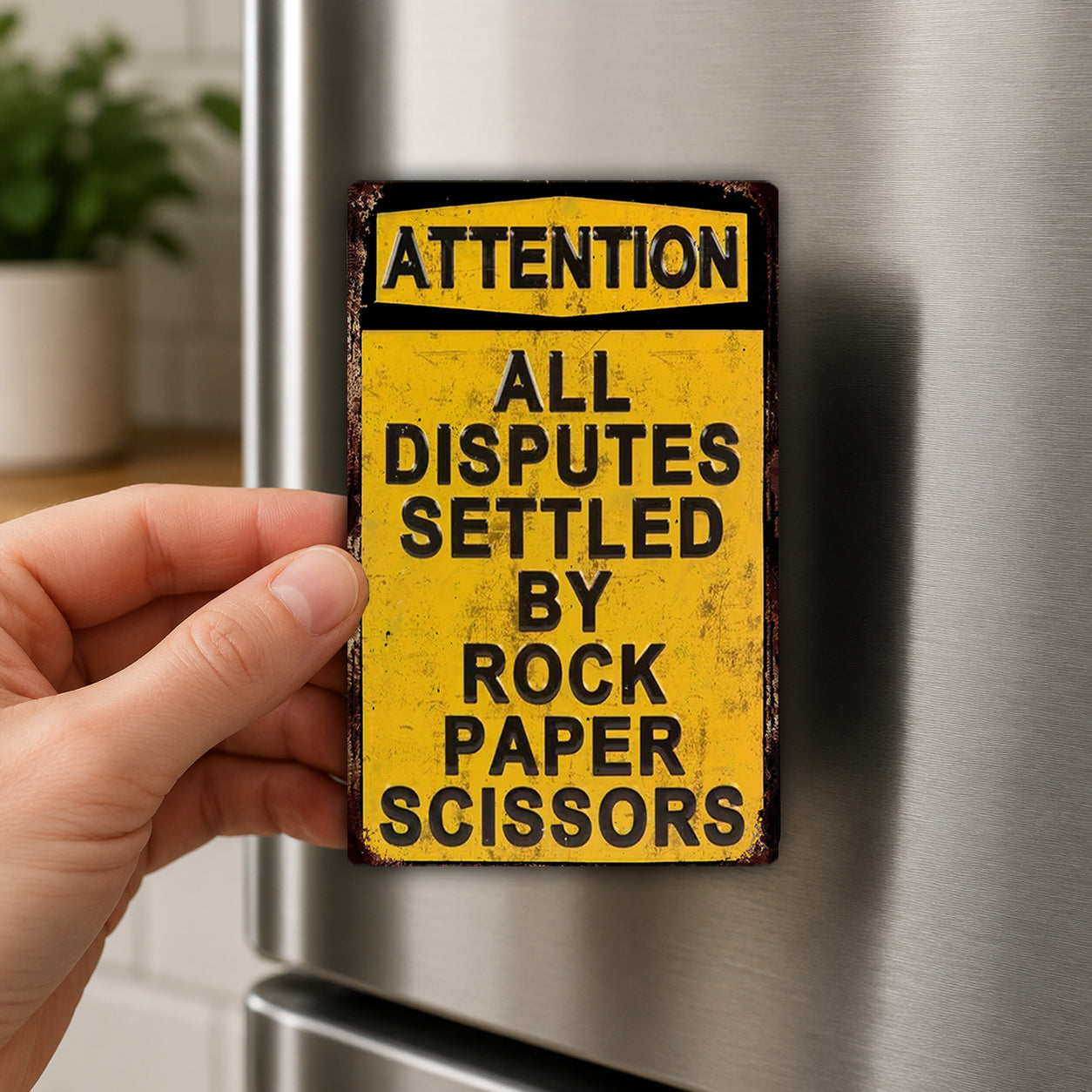 A person's hand is holding a yellow sign with black text that says "ATTENTION ALL DISPUTES SETTLEED BY ROCK PAPER SCISSORS".
