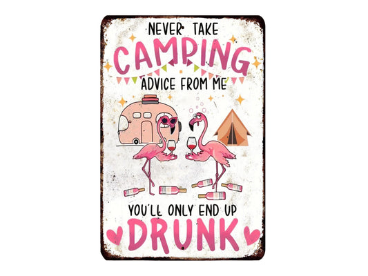 a sign with a humorous message about camping and drinking, featuring a pink flamingo and a camper van.