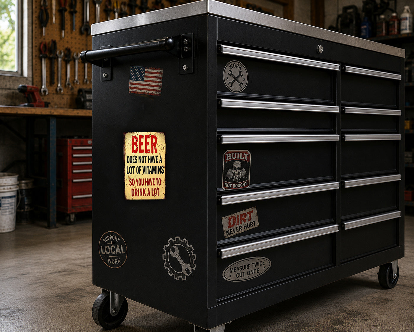 A black workbench with various stickers and labels on it, including a beer advertisement, a "built it yourself" sticker, and a "measure twice, cut once" sticker.