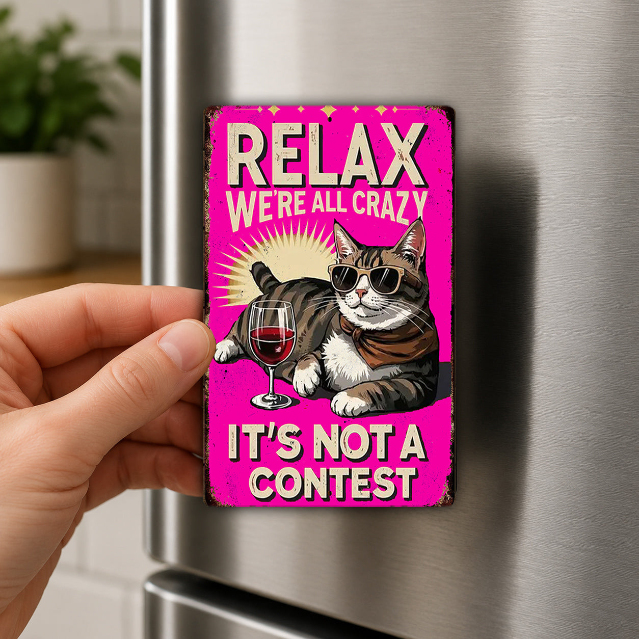 A person's hand is holding a pink refrigerator magnet with a cartoon image of a cat wearing sunglasses and holding a glass of wine.