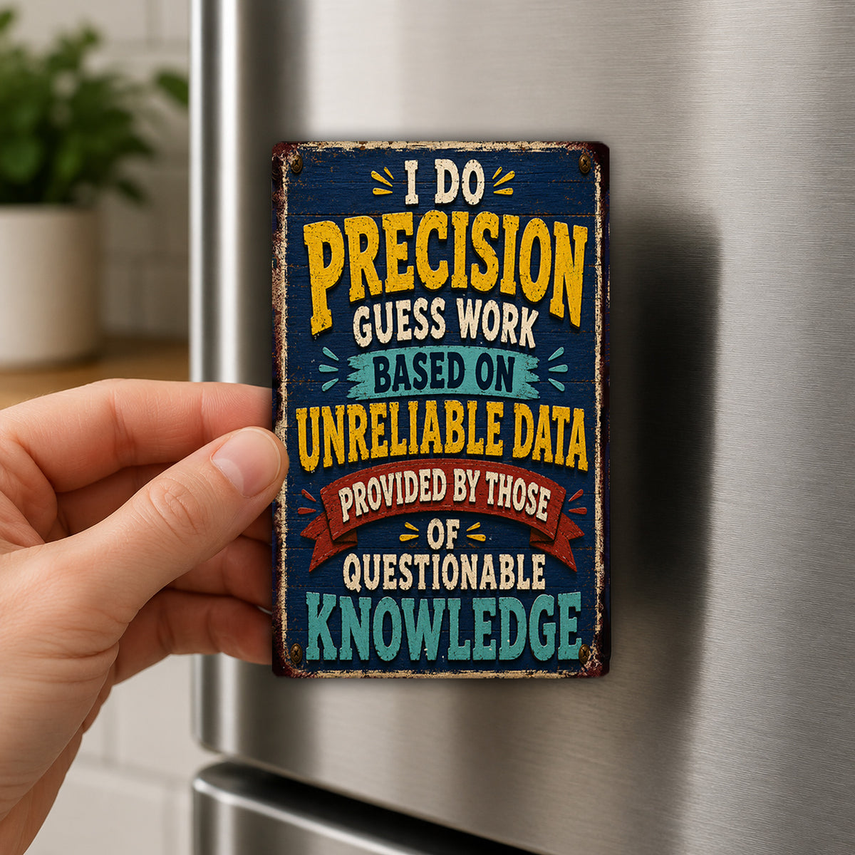 A person's hand is holding a metal sign with text on it, which appears to be a humorous or informative message.