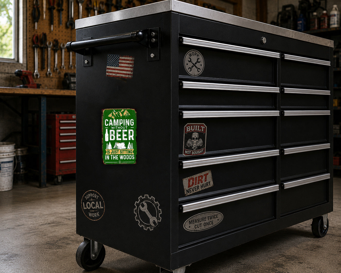 A black tool chest with various stickers and labels on it, including a "Camping is Beer" sticker, a "Not Built in the Woods" sticker, and a "Dirt Never Hurt" sticker. The tool chest is situated in a workshop setting with various tools and equipment visible in the background.