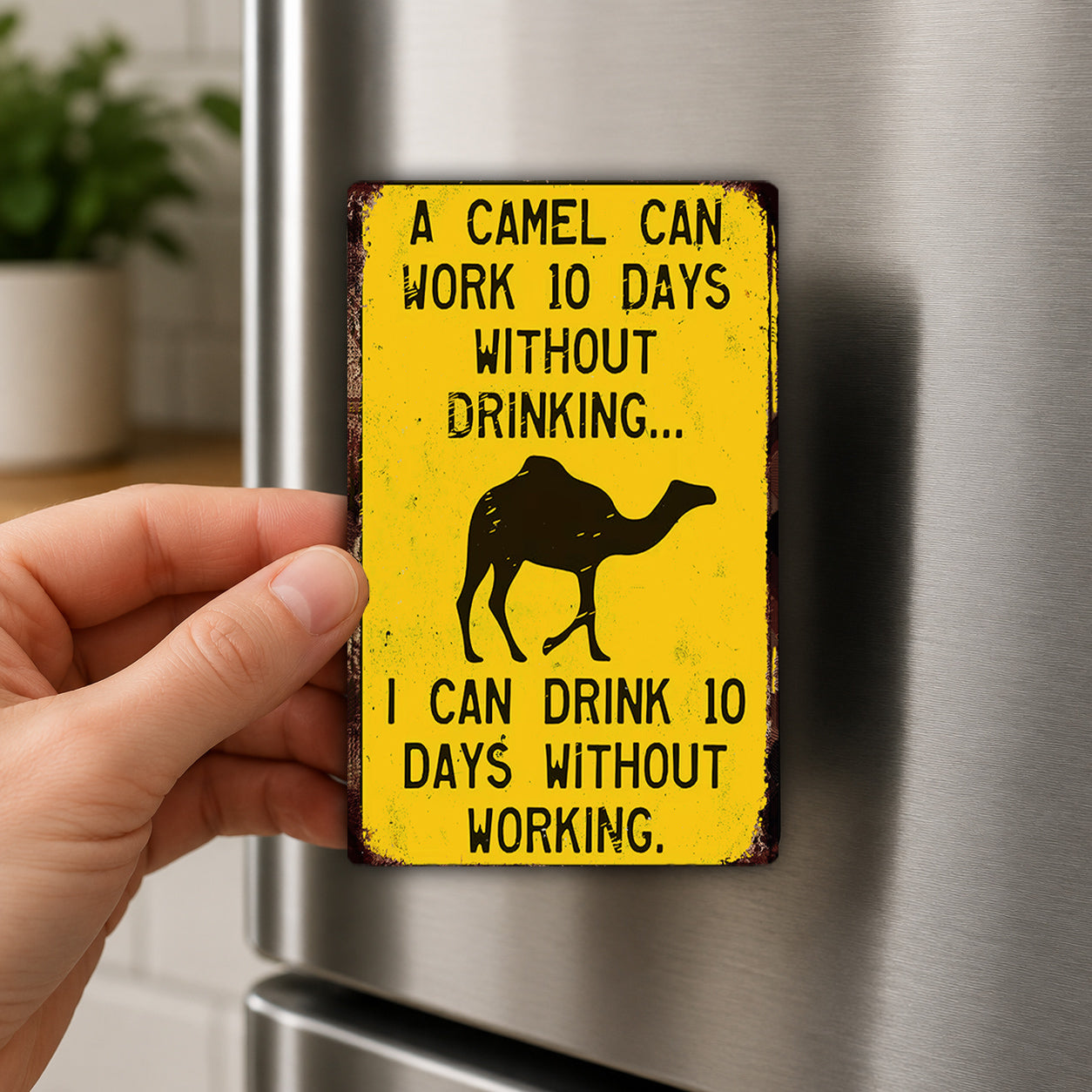 A person is holding a yellow sign with a camel silhouette and text on it.