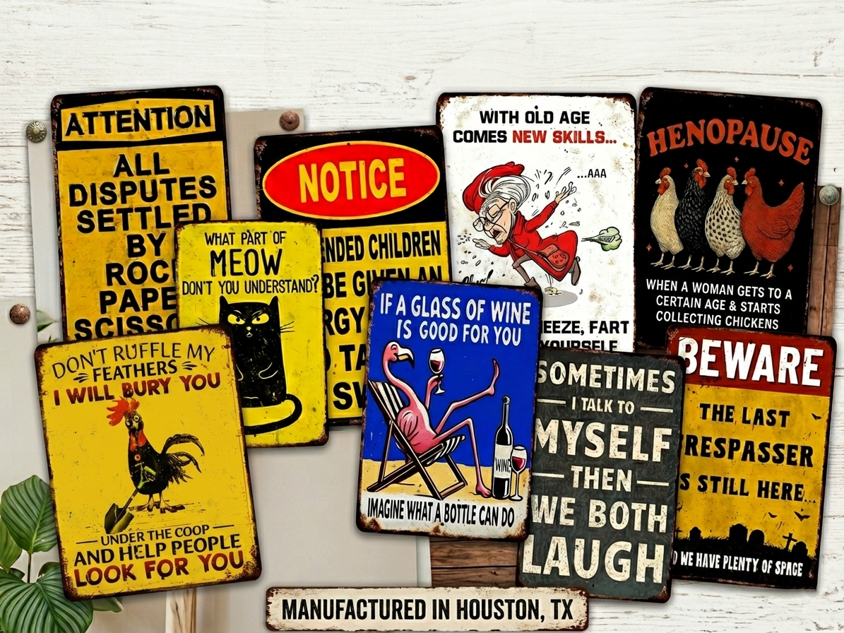 a collection of humorous and informative signs, including one that says "Don't ruffle my feathers I willbury you" and another that says "Don't be a chicken, be a glass of wine".