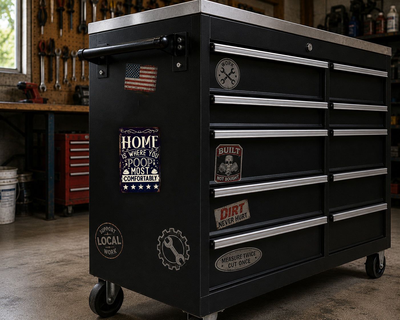 A black workbench with various stickers and labels on it, including a patriotic American flag sticker, a "HOME" sticker, and a "BUILT" sticker.
