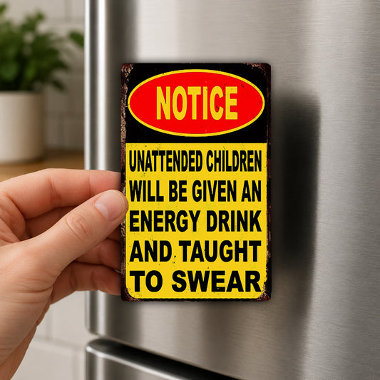 A person's hand holding a metal sign with a warning message on it.