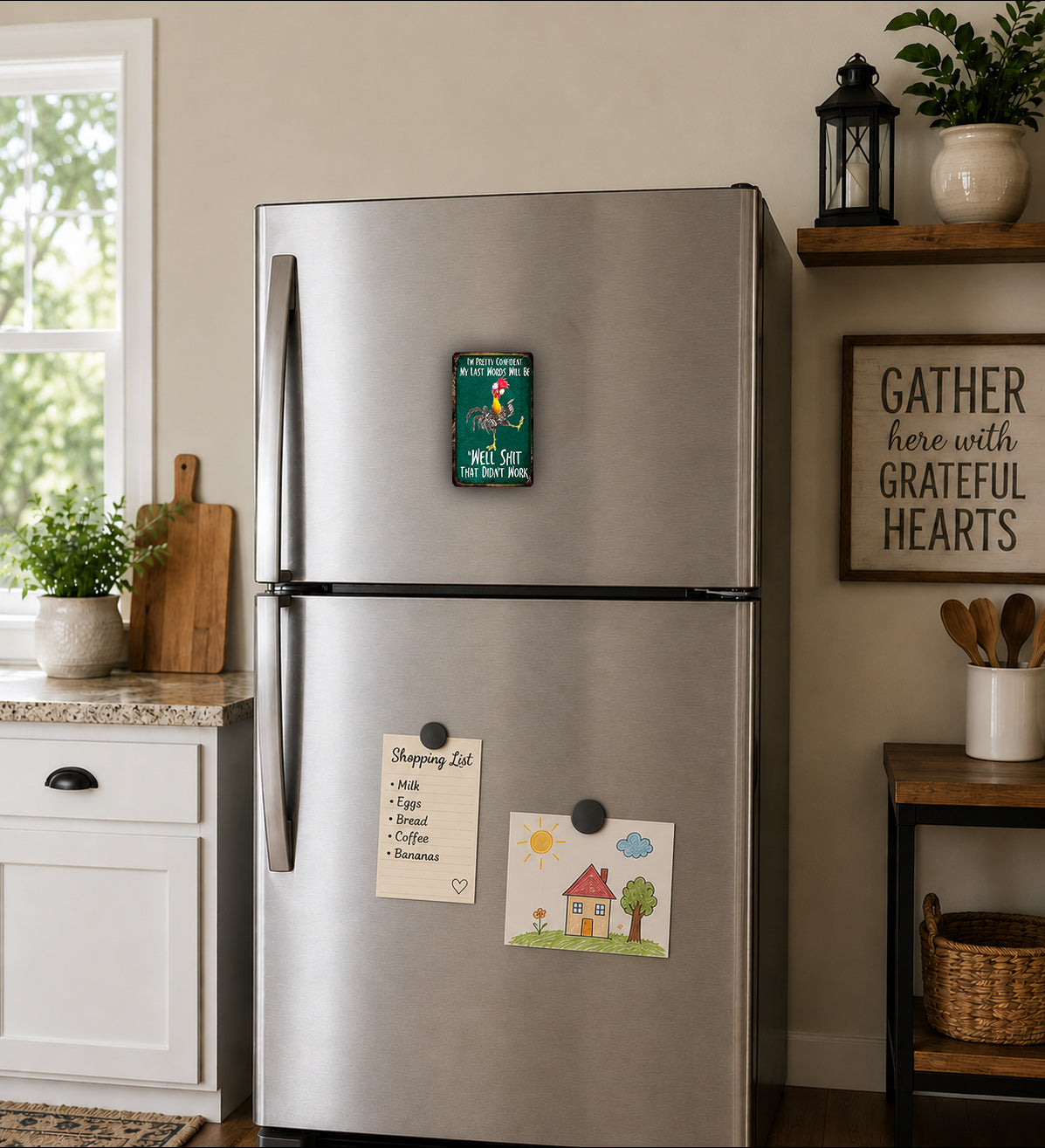 a kitchen with a stainless steel refrigerator, a wooden cutting board, and various kitchen items such as a potted plant, a vase, and a basket.