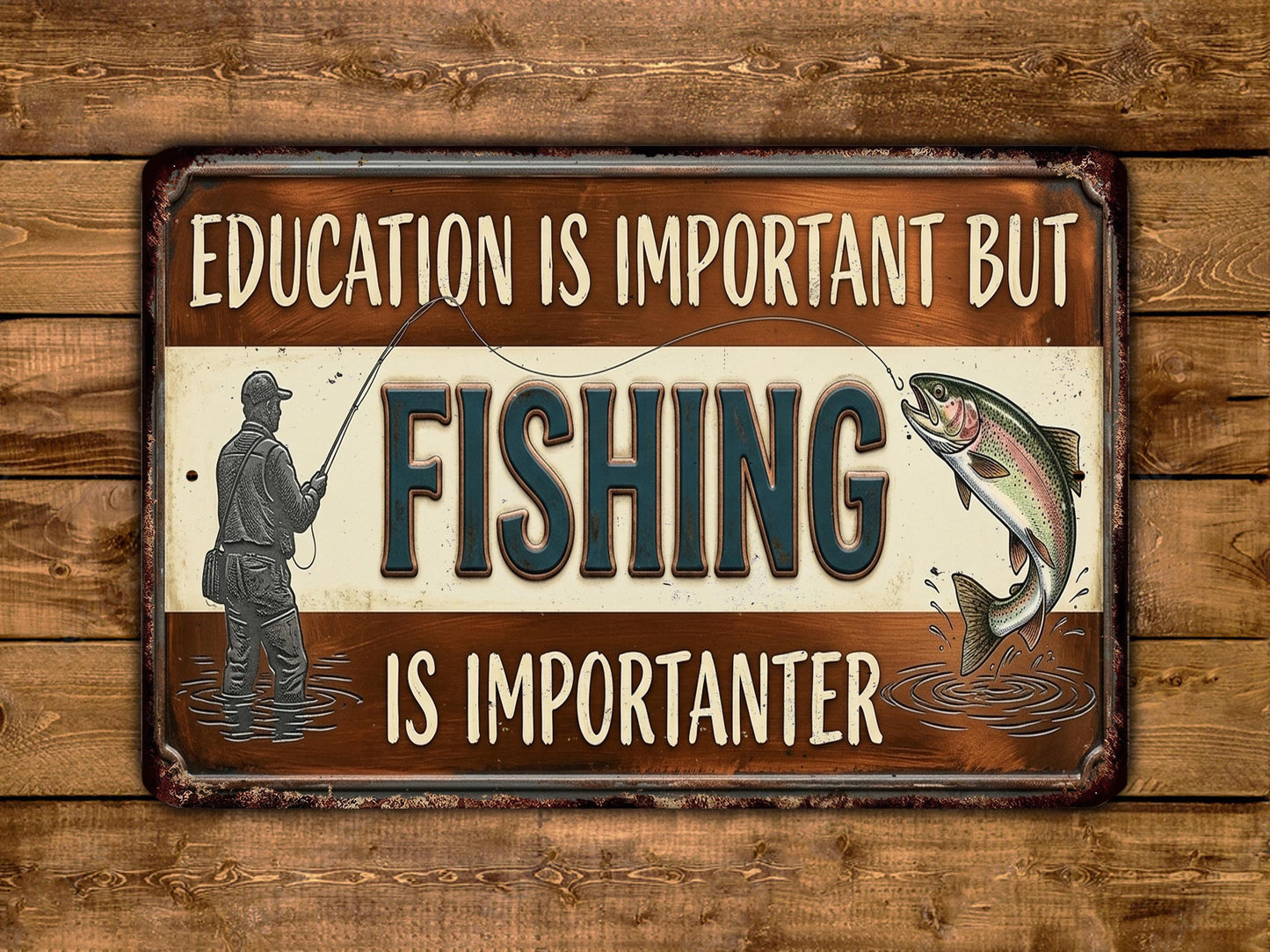 The image is a sign with the text "EDUCATION IS IMPORTANT BUT FISHING IS IMPORTANTER" and an illustration of a person fishing.