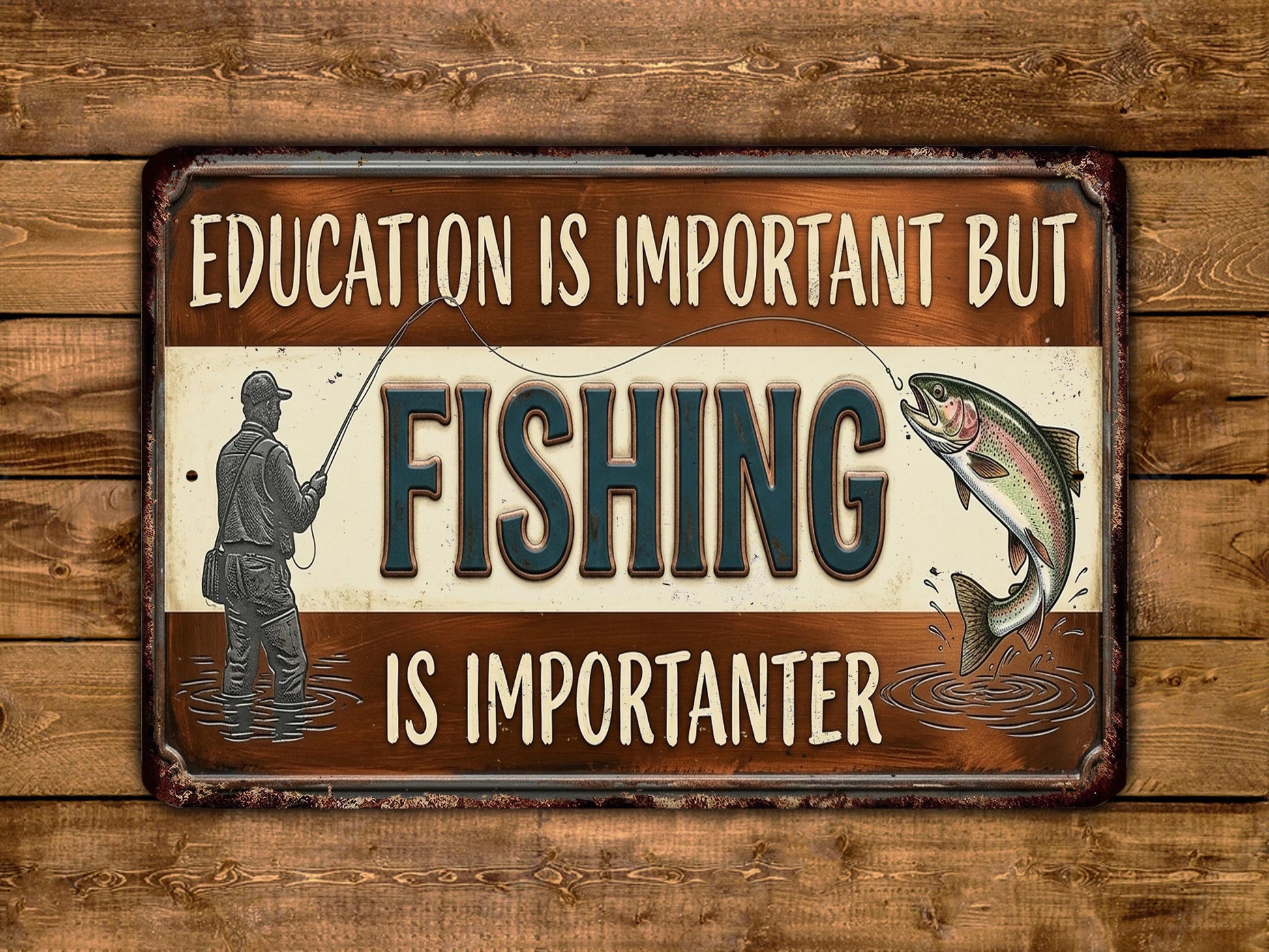 The image is a sign with the text "EDUCATION IS IMPORTANT BUT FISHING IS IMPORTANTER" and an illustration of a person fishing.