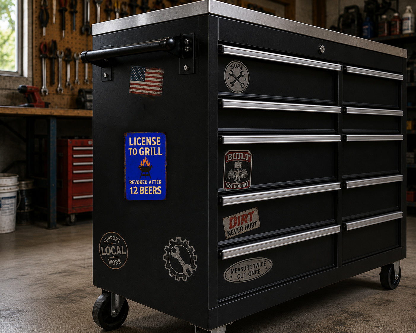 A black tool chest with various stickers and labels on it, placed in a workshop setting.