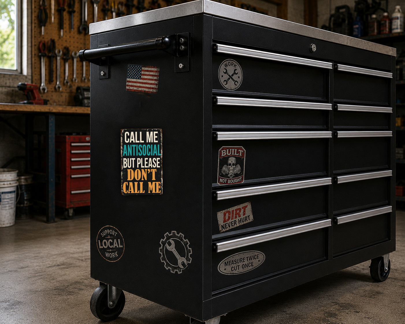 A black tool chest with various stickers and labels on it, placed in a workshop setting.