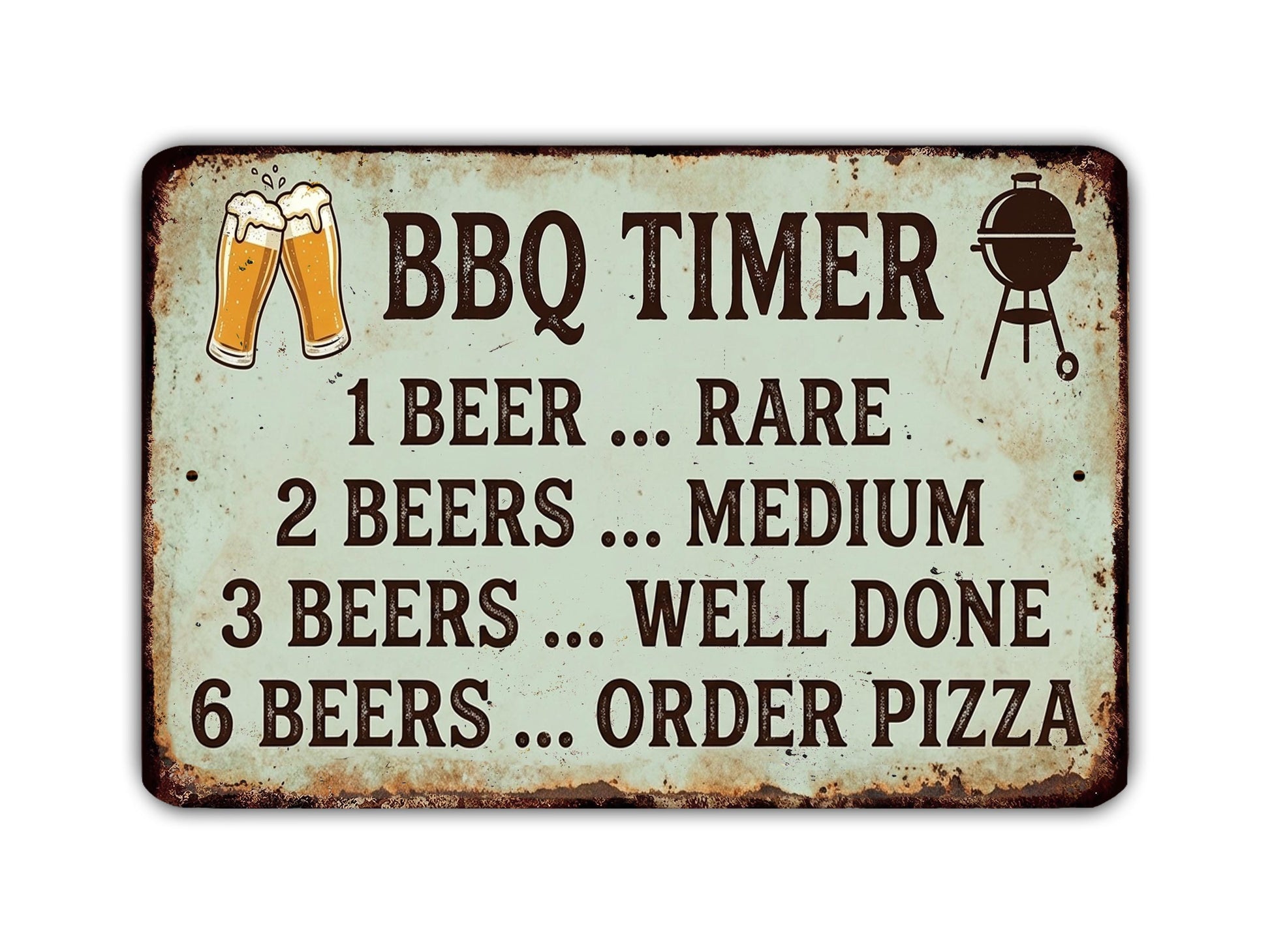 The image is a sign that provides a list of beer consumption levels, ranging from rare to well done, with a reference to pizza as well.