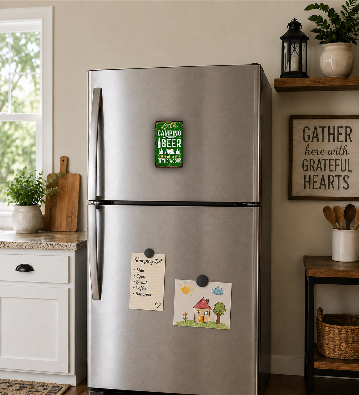 a kitchen with a stainless steel refrigerator, a wooden cutting board, and various kitchen items such as a potted plant, a vase, and a basket.