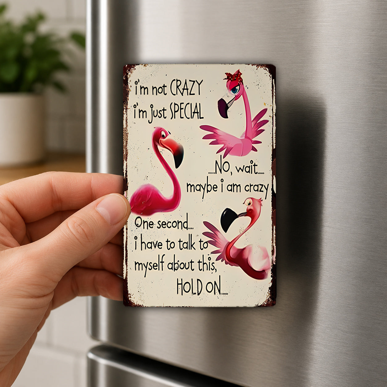 a person holding a small, vintage-style magnet with a humorous message about a person being described as "not crazy" and "just special".