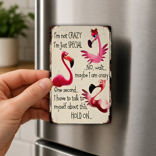 a person holding a small, vintage-style magnet with a humorous message about a person being described as "not crazy" and "just special".