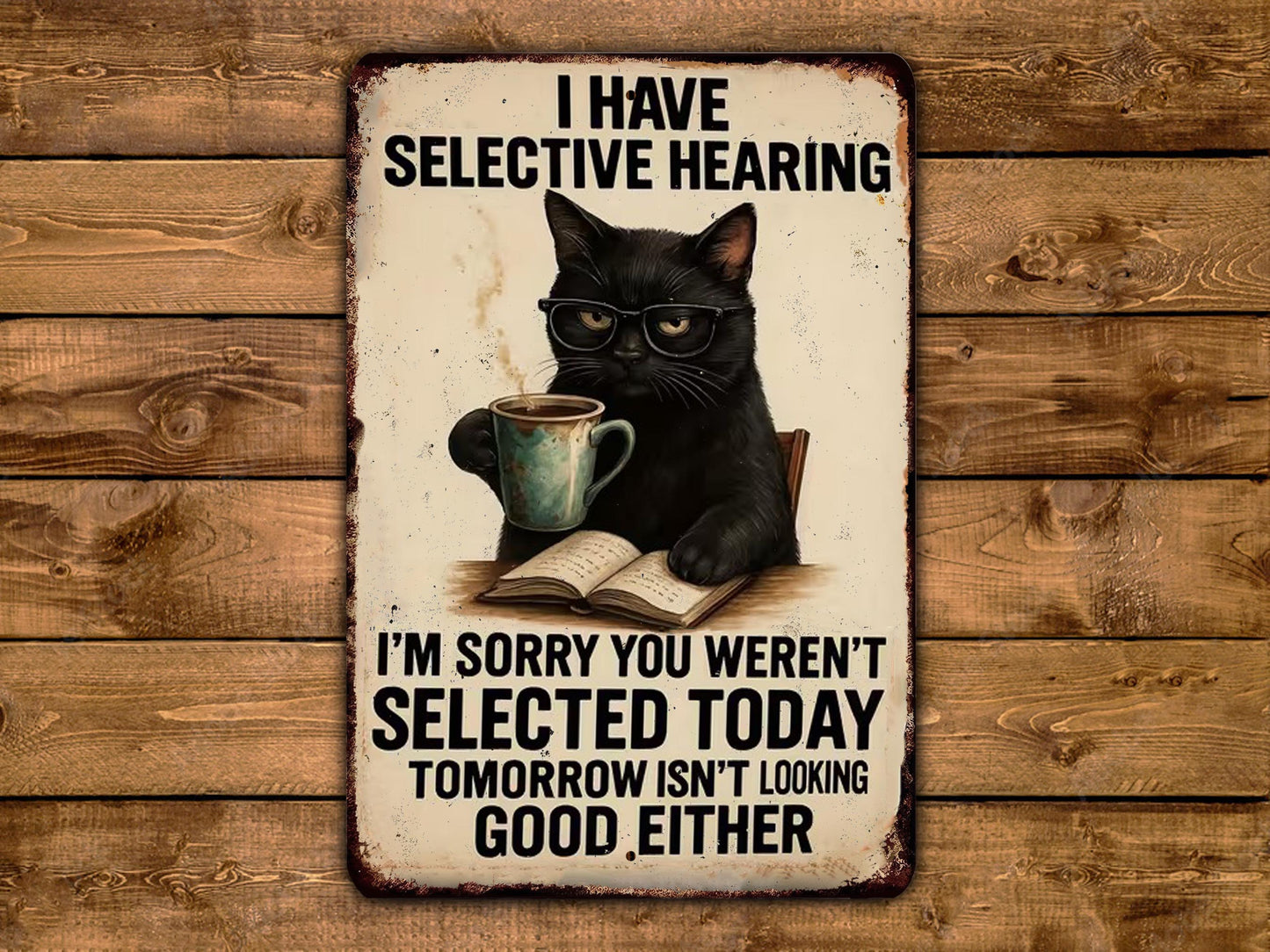 a black cat wearing glasses and holding a cup of coffee, sitting on a chair and reading a book.