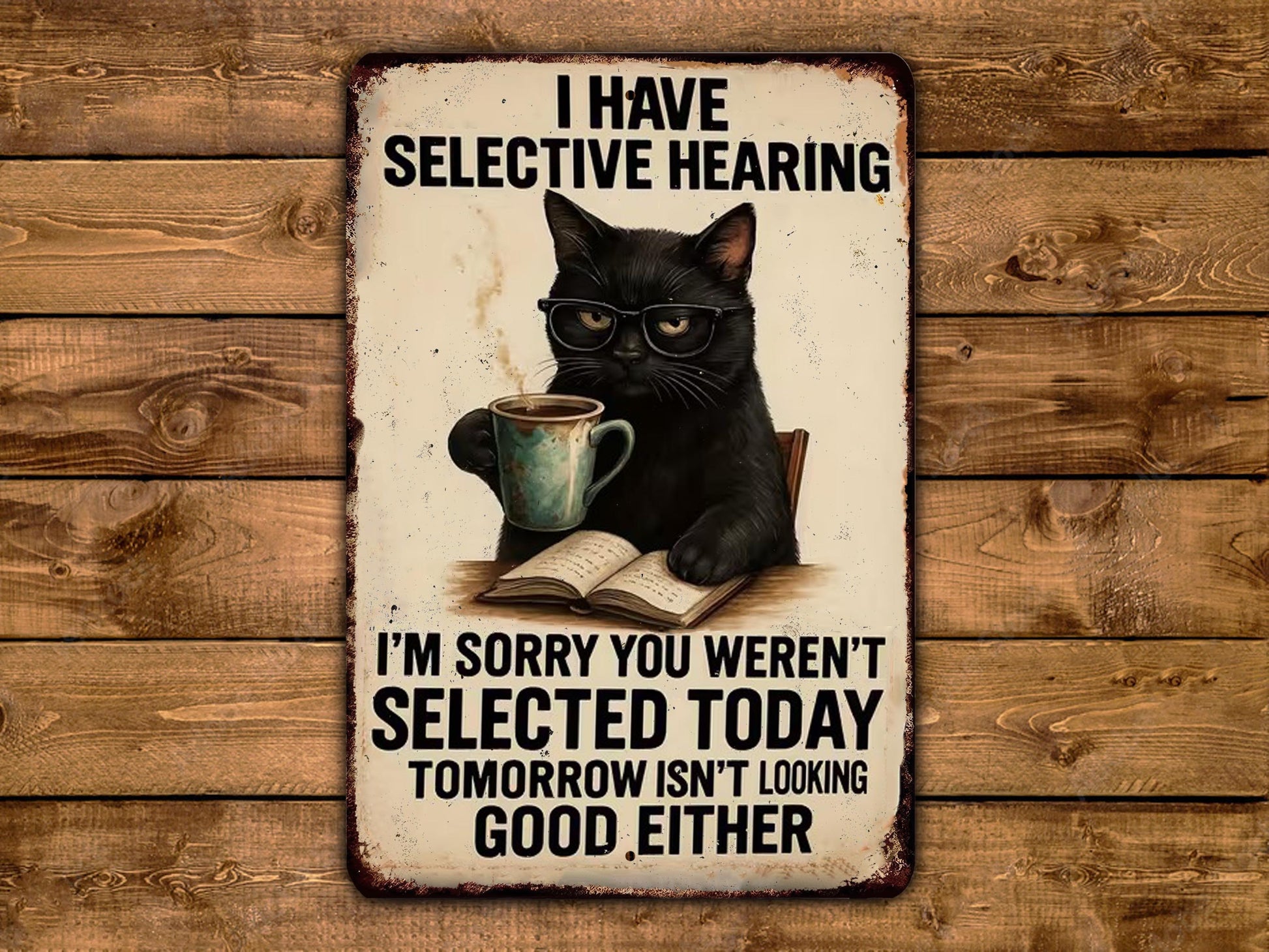 a black cat wearing glasses and holding a cup of coffee, sitting on a chair and reading a book.