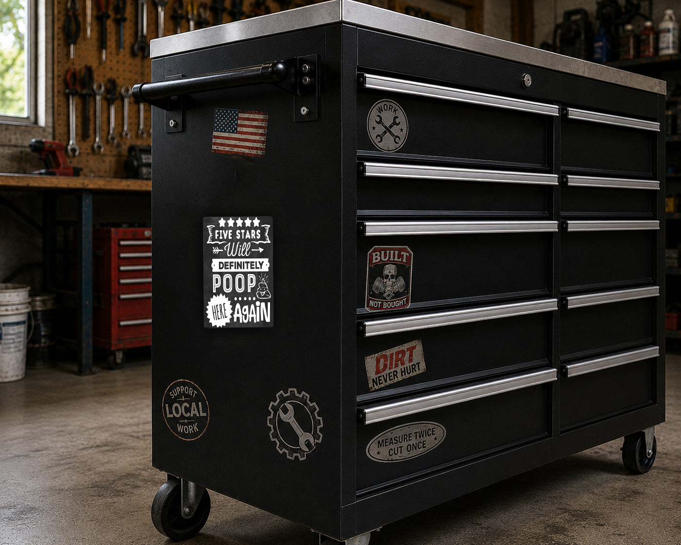 A black workbench with various stickers and labels on it, including a "5 FIVE STARS WILL" sticker, a "BUILT TO" sticker, and a "Dirt Never Hurt" sticker. The workbench is situated in a workshop setting with tools and equipment visible in the background.