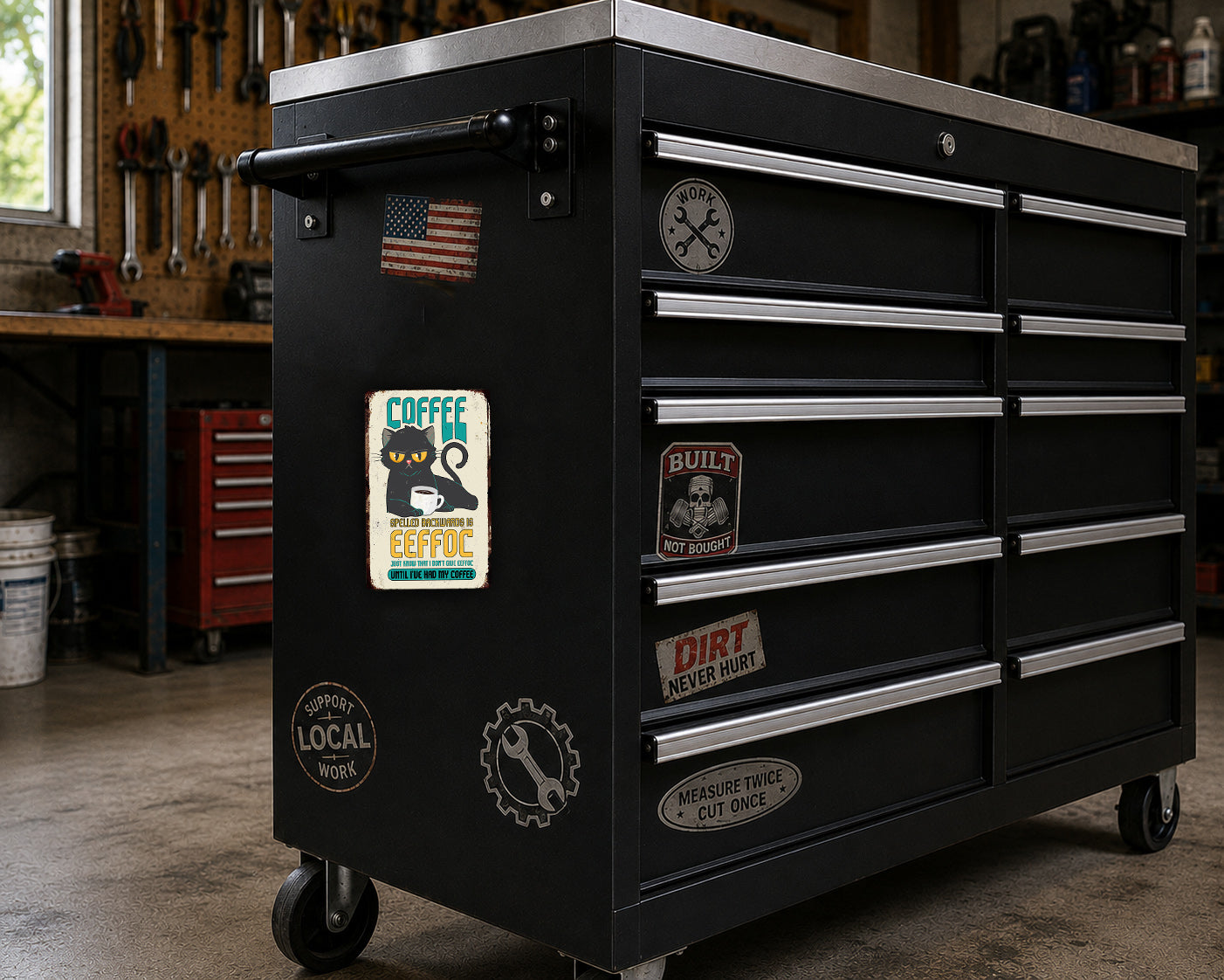 A black tool chest with various stickers and labels on it, placed in a workshop setting.