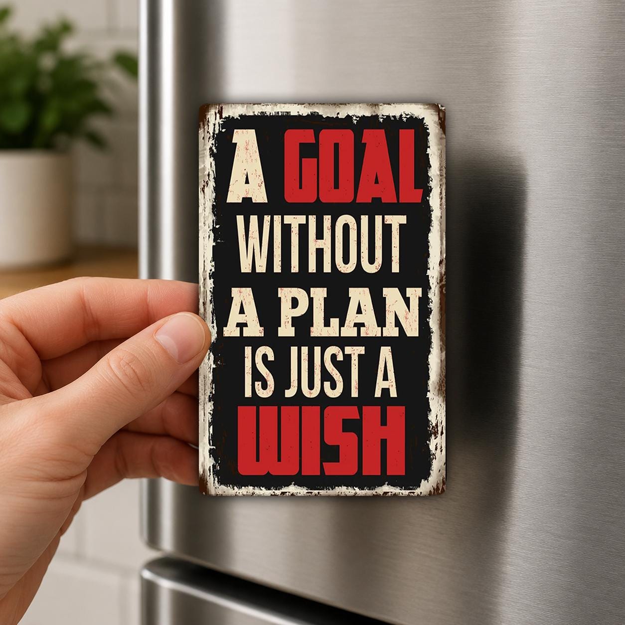 A person's hand is holding a small, vintage-style sign with the text "A GOAL without a PLAN is just a WISH" on it.