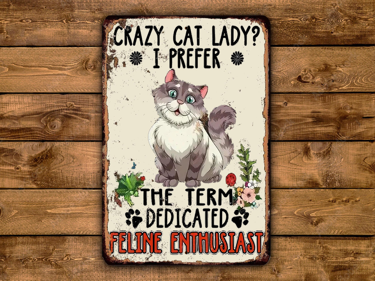 The image is a humorous sign featuring a cartoon cat and text that reads "Crazy Cat Lady? I Prefer The Term Dedicated Feline Enthusiast".