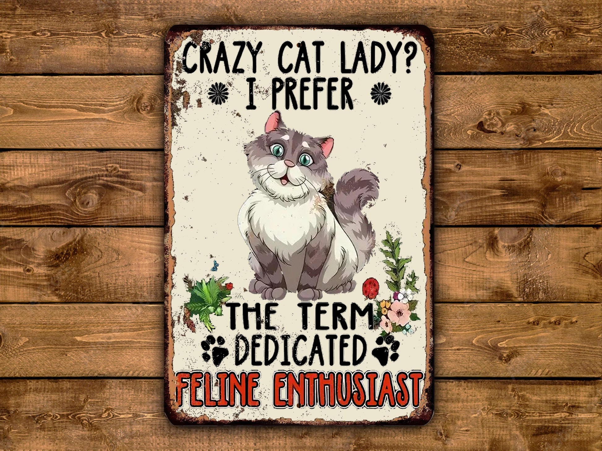 The image is a humorous sign featuring a cartoon cat and text that reads "Crazy Cat Lady? I Prefer The Term Dedicated Feline Enthusiast".