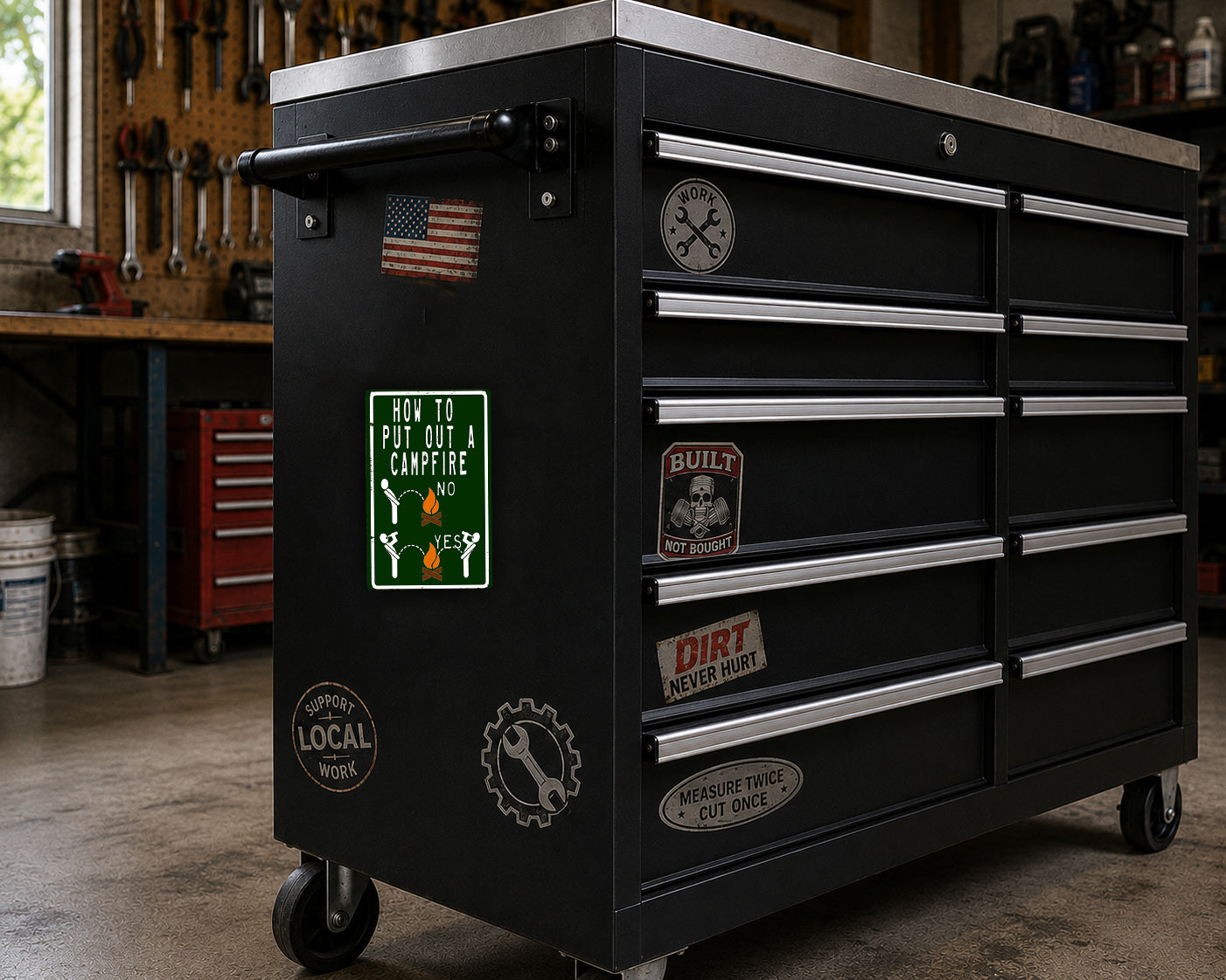 A black workbench with various stickers and labels on it, including a sign that says "How to Build a Campfire".