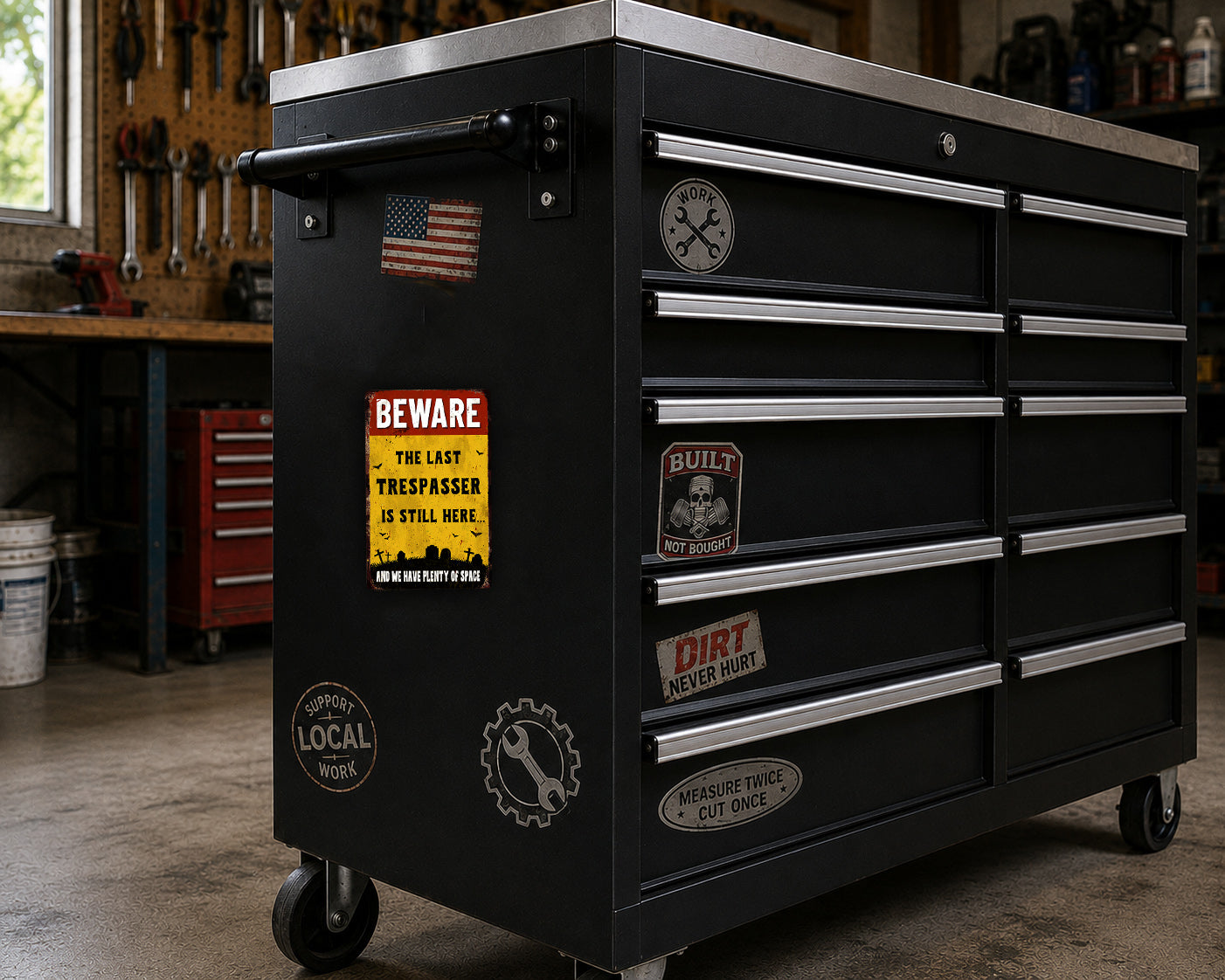 A black tool chest with various stickers and labels on it, placed in a workshop setting.