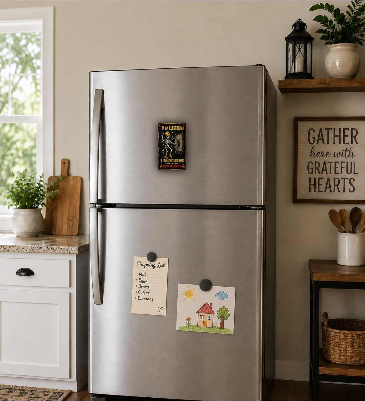 a kitchen with a stainless steel refrigerator, a wooden cutting board, and various kitchen items such as a potted plant, a vase, and a basket.