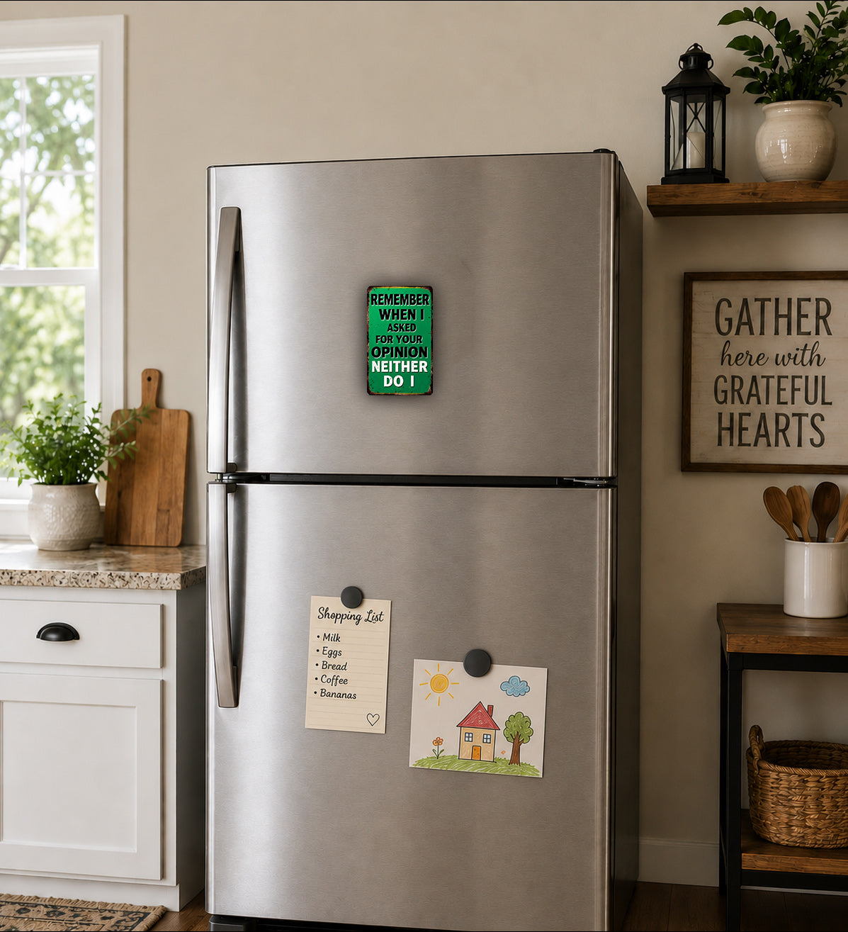 a kitchen with a stainless steel refrigerator, a wooden cutting board, and various kitchen items such as a potted plant, a vase, and a basket.
