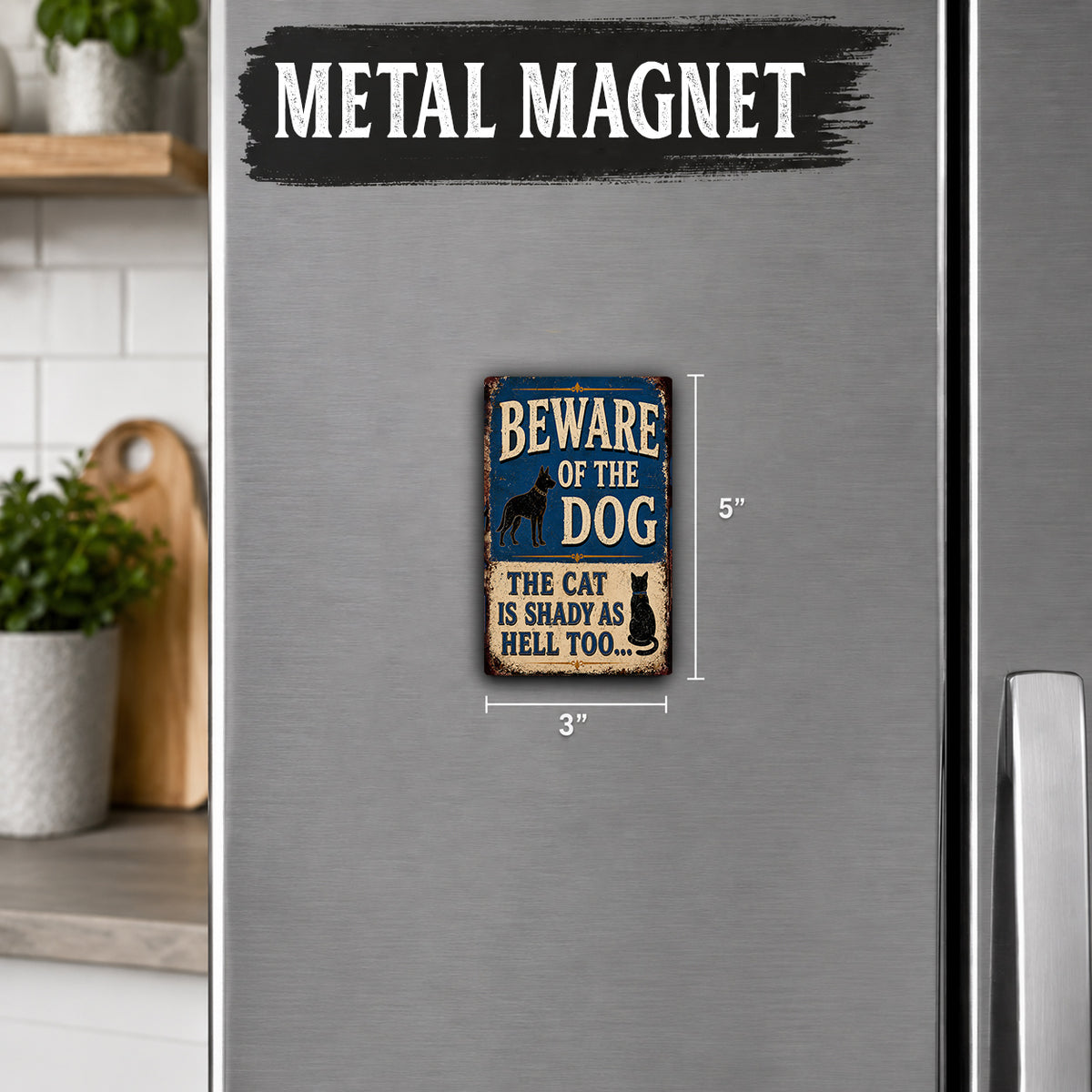 a small metal magnet on a refrigerator with a warning sign about a cat being shady as hell.