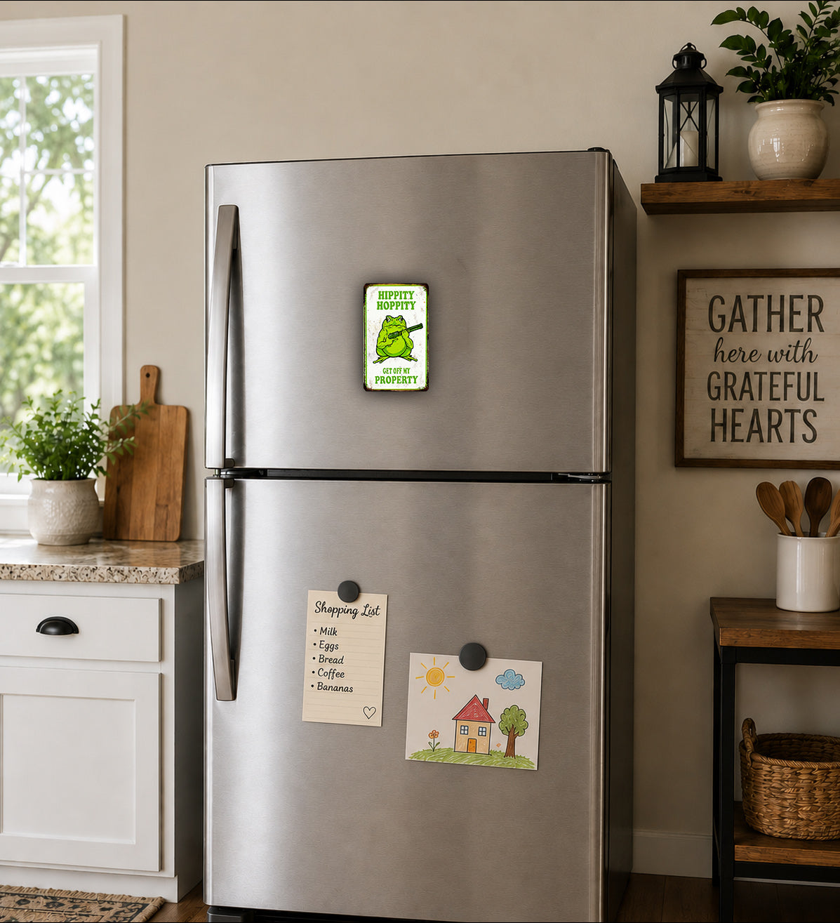 A stainless steel refrigerator with a "Hippity Hooty Property" magnet on the top door, surrounded by various household items and decorations in a cozy kitchen setting.