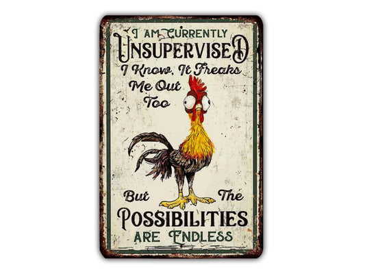 a metal sign with a rooster on it