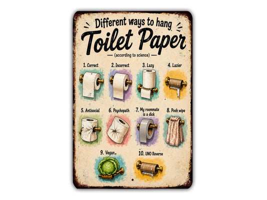 The image is a humorous sign that provides different ways to hang toilet paper, including correct, incorrect, lazy, and lazy ways.