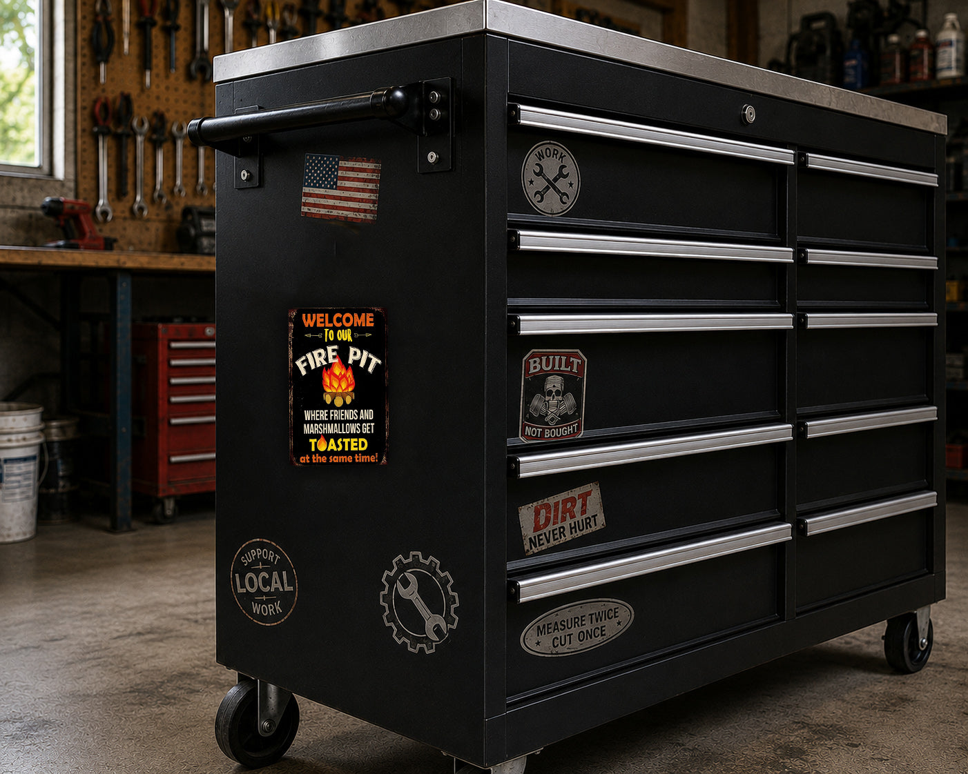 A black workbench with various stickers and labels on it, including a welcome sign, a "built it" sticker, and a "not built it" sticker. The workbench is situated in a workshop setting with tools and equipment visible in the background.