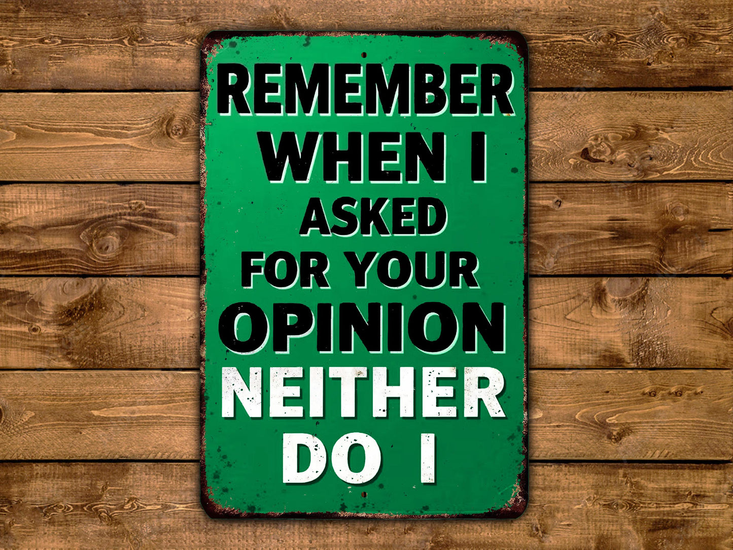 a green sign with the text "Remember When I Asked For Your Opinion Neither Do I" displayed on it.