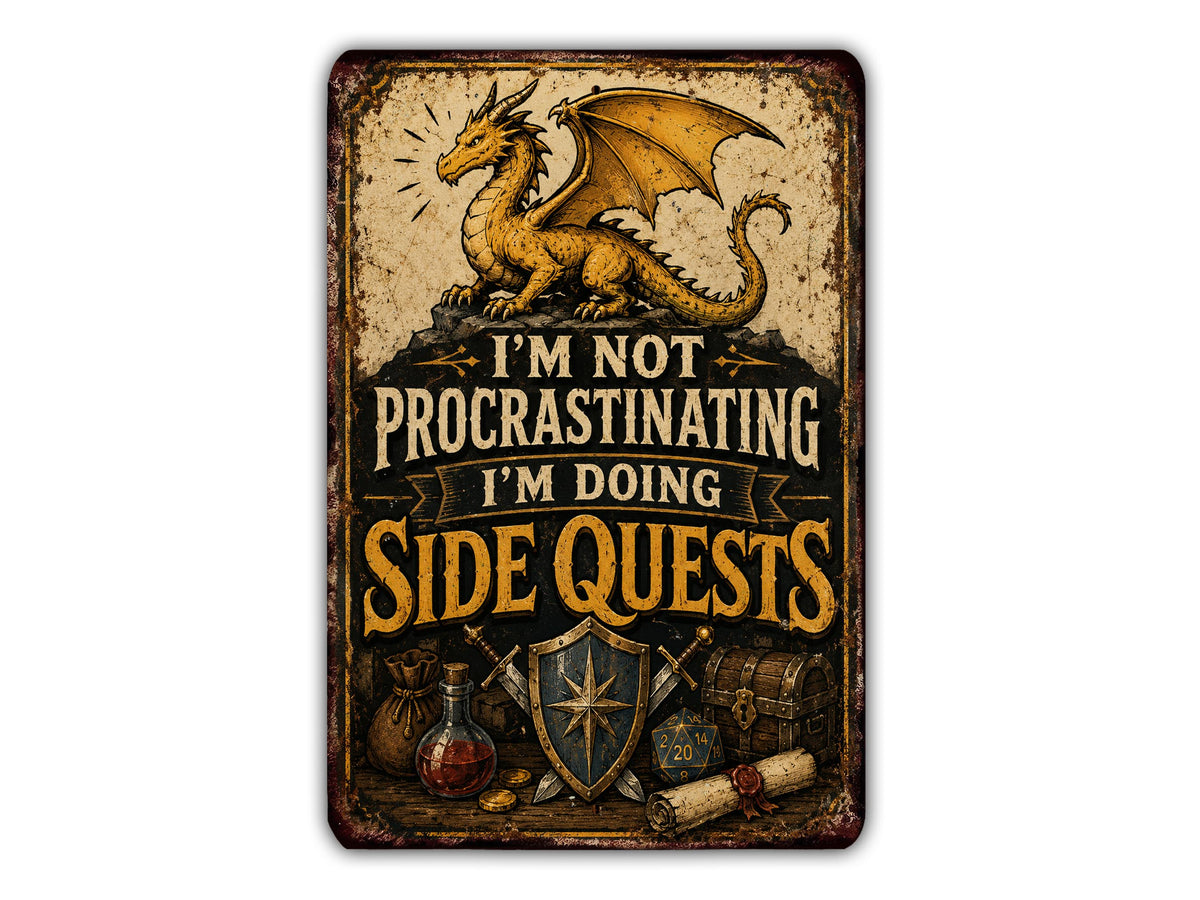 a sign with a dragon and various fantasy-themed items, including a shield, a sword, a chest, and a bottle.