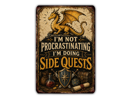 a sign with a dragon and various fantasy-themed items, including a shield, a sword, a chest, and a bottle.