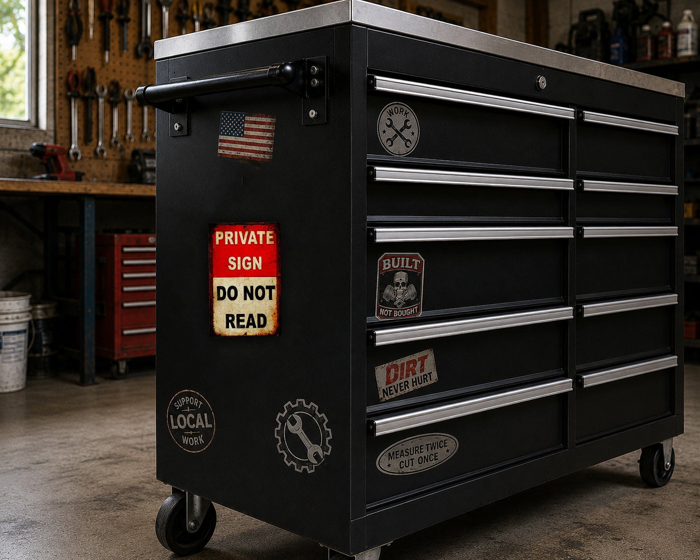 A black workbench with various stickers and signs on it, located in a workshop setting.