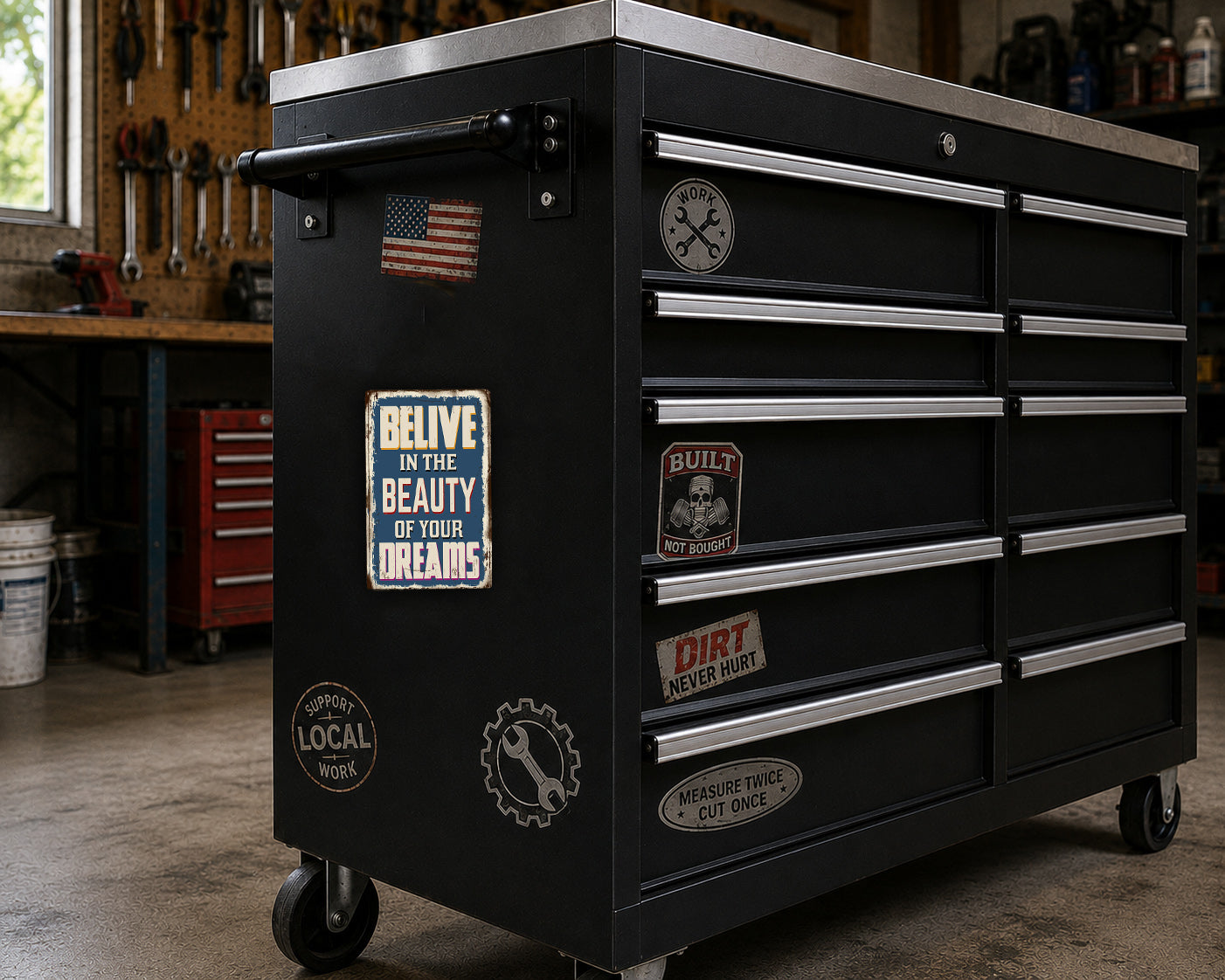 A black workbench with various stickers and labels on it, located in a workshop setting.