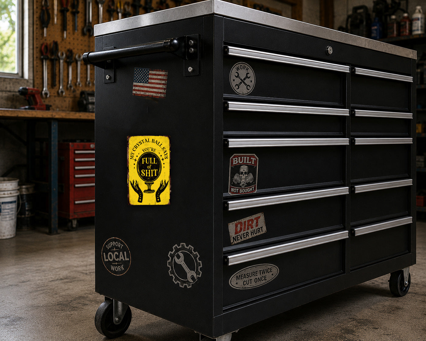 A black workbench with various stickers and labels on it, including a yellow sticker with a humorous message and other stickers with various labels such as "Dirt Never Hurt", "Not Built In", and "Support Local Work".