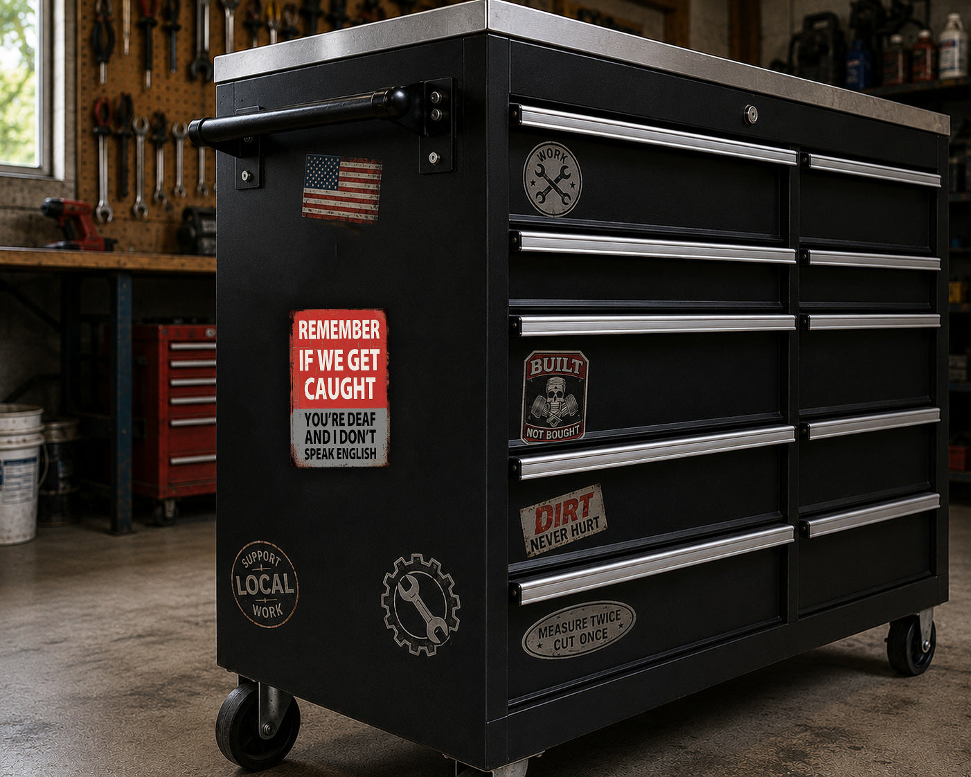A black tool chest with various stickers and labels on it, placed in a workshop setting.