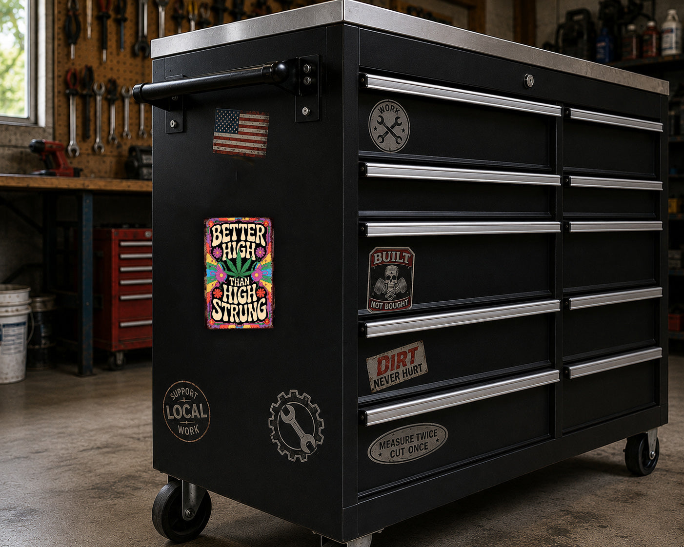 A black tool chest with various stickers and labels on it, placed in a workshop setting.