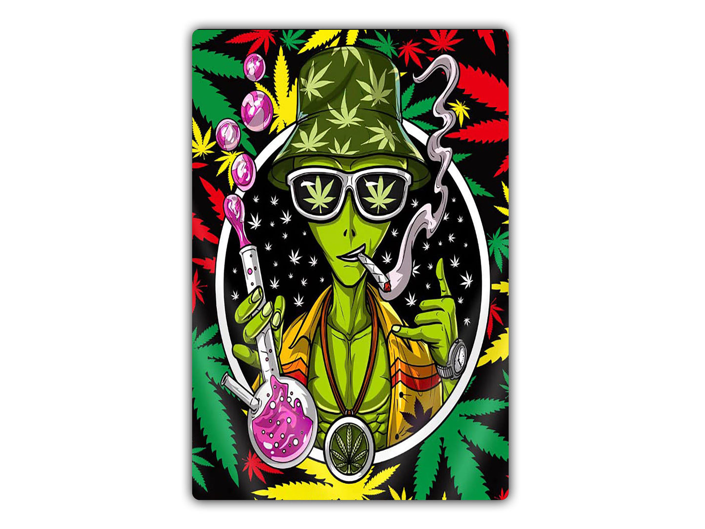 a green alien with glasses and a pipe in his hand