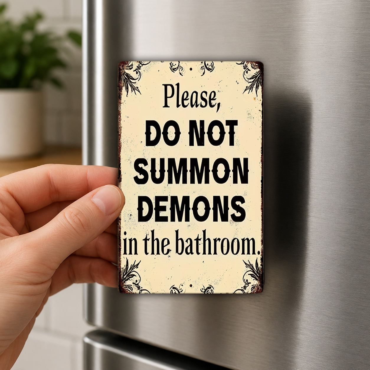 A hand holding a sign that says "Please, do not summarize demons in the bathroom."