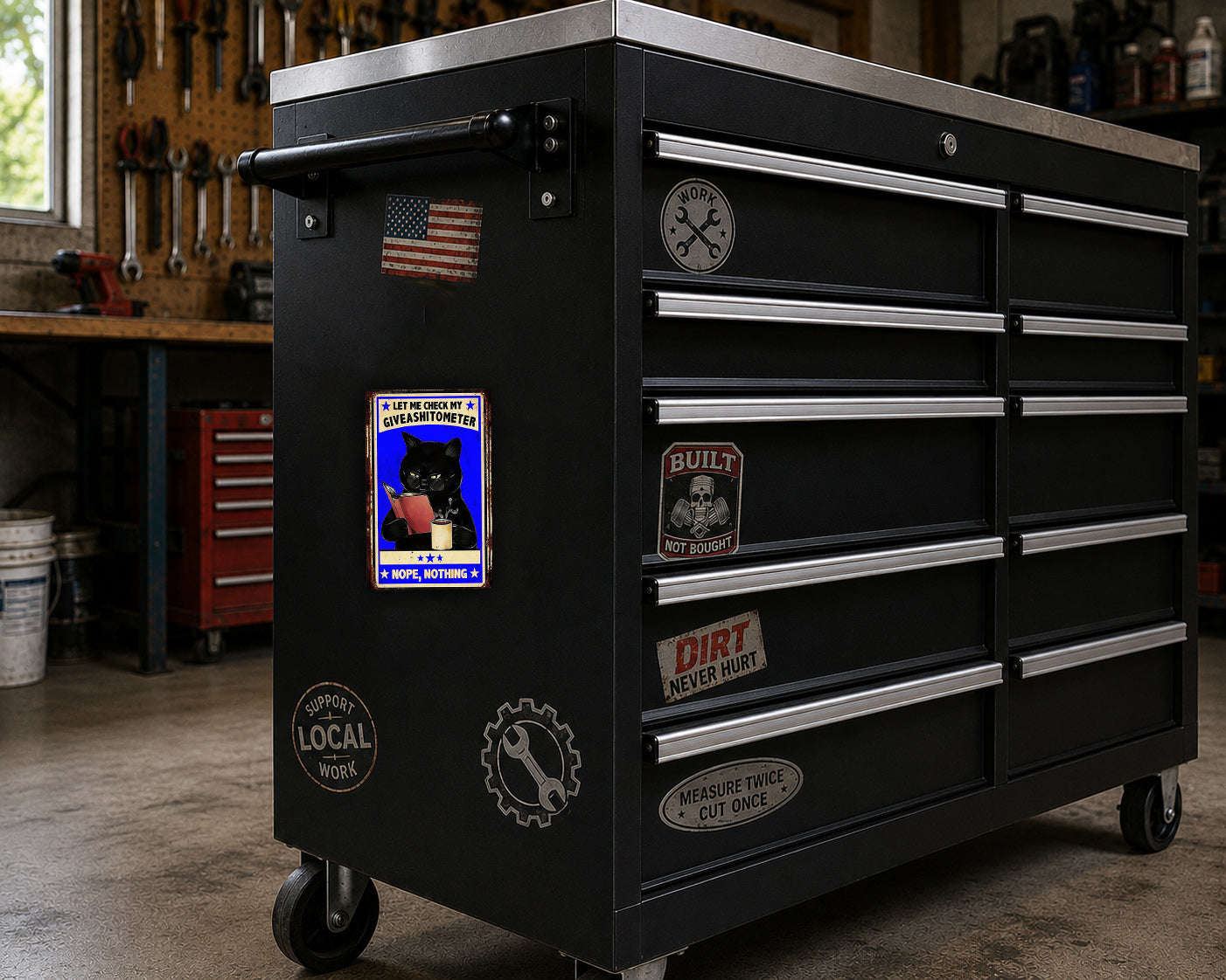 A black tool chest with various stickers and labels on it, placed in a workshop setting.