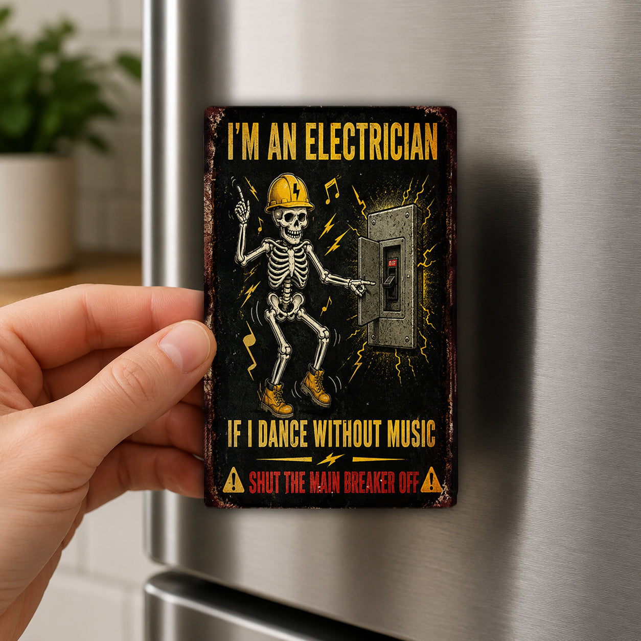 A person's hand is holding a metal refrigerator magnet with a skeleton wearing a hard hat and dancing next to an electrical panel.